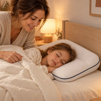 Une maman borde sa fille endormie sur l’oreiller Nuitalie
