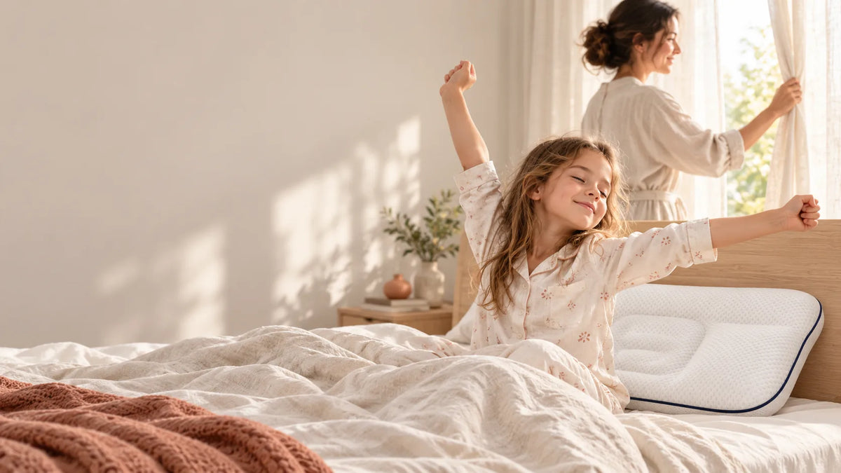 Le matin, une fille s’étire dans son lit pendant que sa maman ouvre le rideau