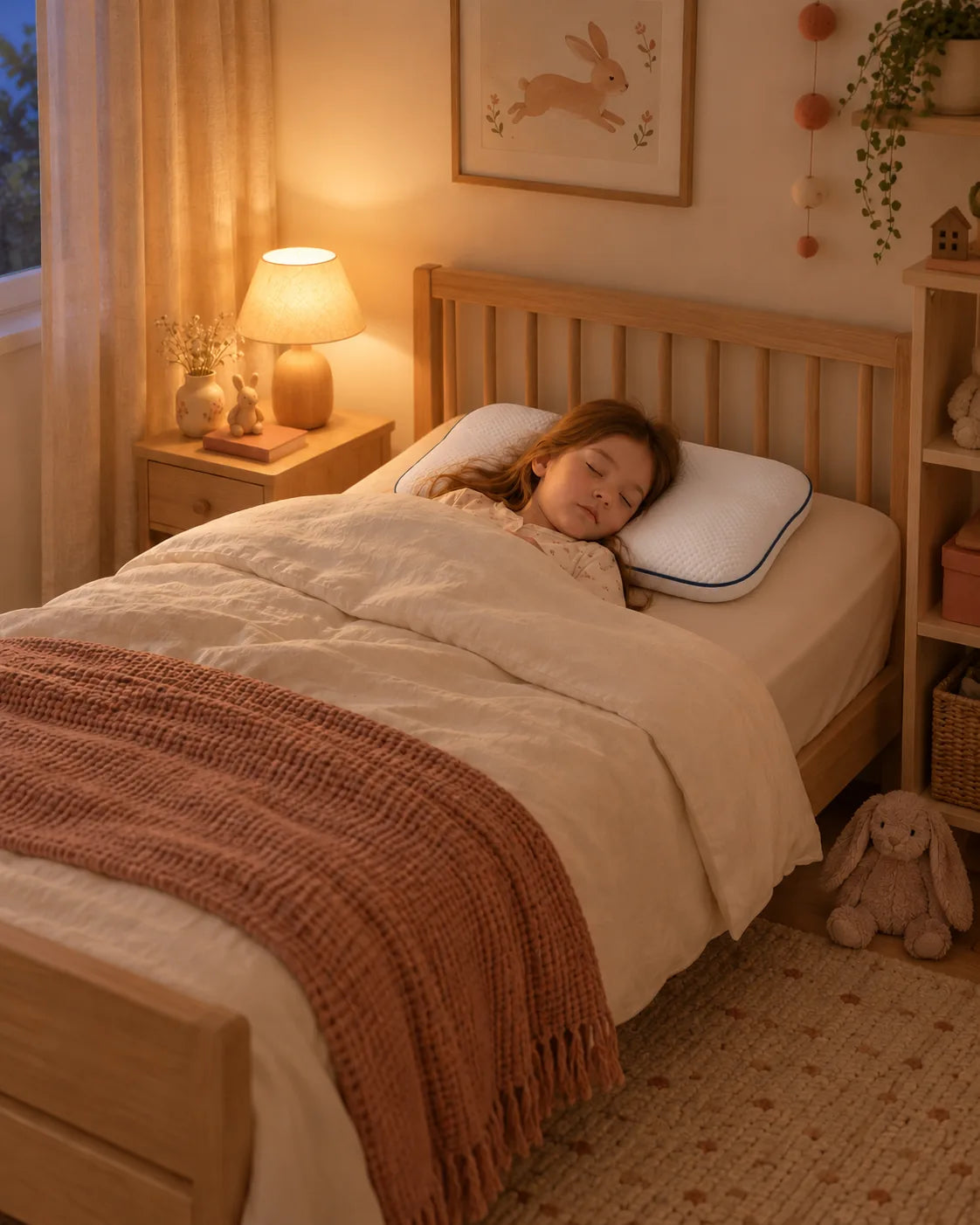 Une fille dort dans sa chambre, la tête sur l’oreiller Nuitalie, lampe de chevet allumée
