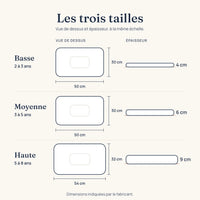 Dimensions des trois tailles : 50 × 30 × 4 cm, 50 × 30 × 6 cm et 54 × 32 × 9 cm