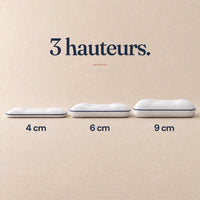 Les trois hauteurs de l’oreiller Nuitalie côte à côte : 4 cm, 6 cm et 9 cm