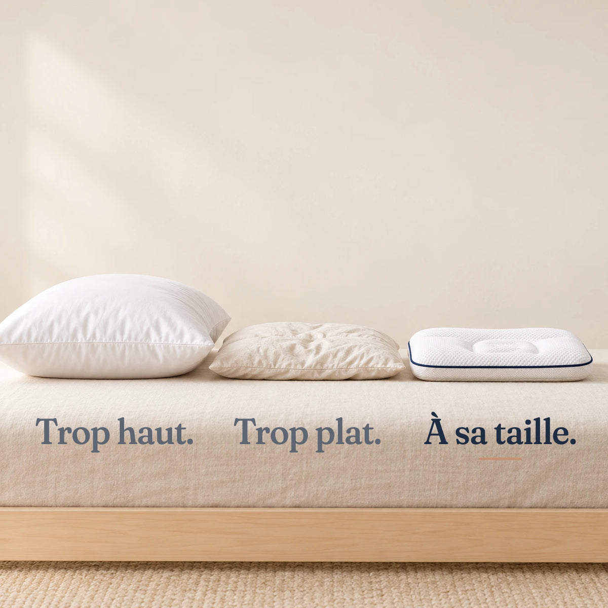 Trois oreillers sur un lit : trop haut, trop plat, et l’oreiller Nuitalie à sa taille