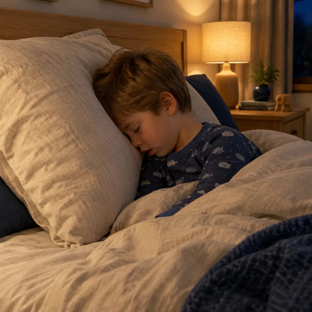 Un enfant endormi sur un oreiller d’adulte trop haut, la tête basculée vers l’avant Image