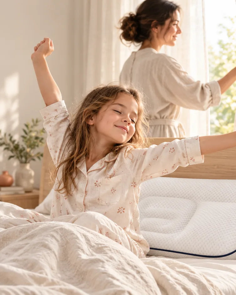 Une petite fille s’étire au réveil, son oreiller Nuitalie derrière elle