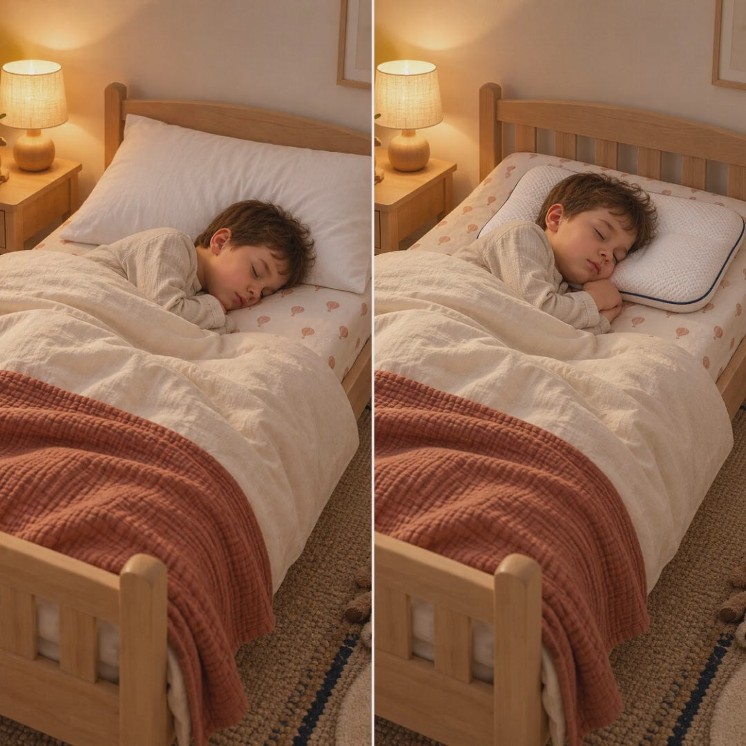 À gauche, un enfant a glissé à côté d’un grand oreiller d’adulte ; à droite, il dort sur son oreiller Nuitalie