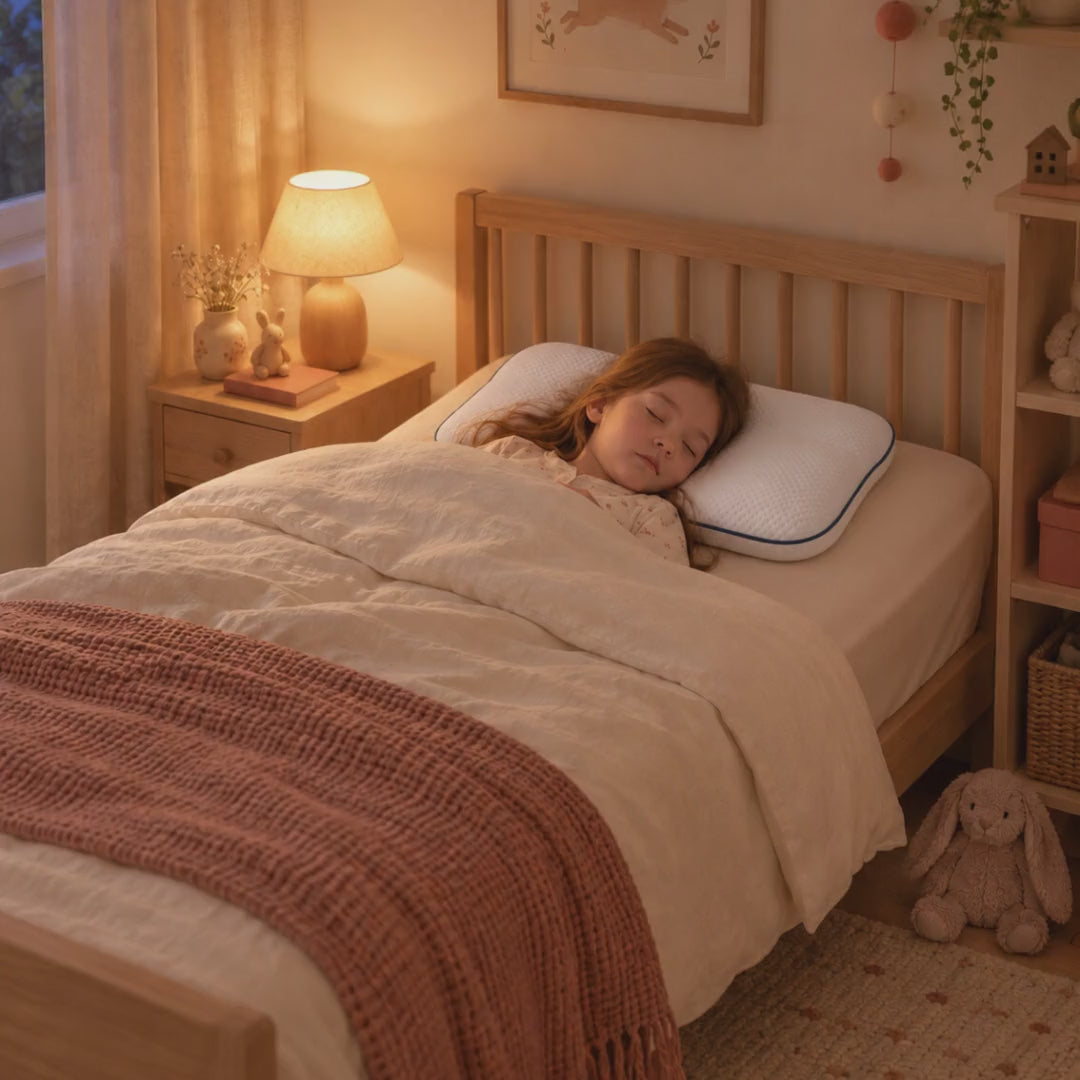 Une petite fille dort sur son oreiller Nuitalie, lampe de chevet allumée